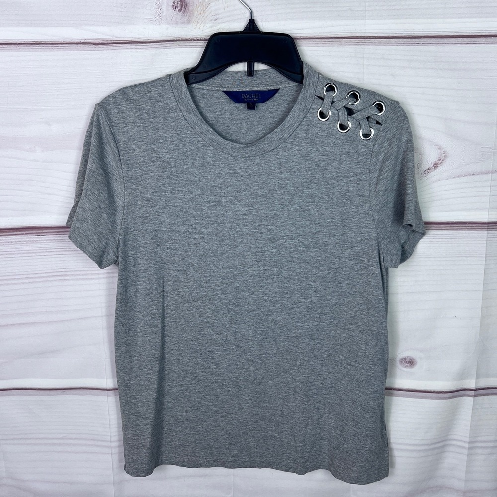 Rachel Rachel Roy Top Womens S Gray Crew Neck T-Shirt Lace Up Shoulder Solid